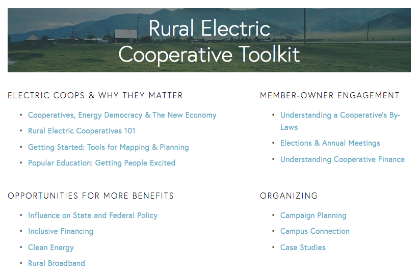 toolkit categories include organizing, member-owner engagement, REC 101, and more