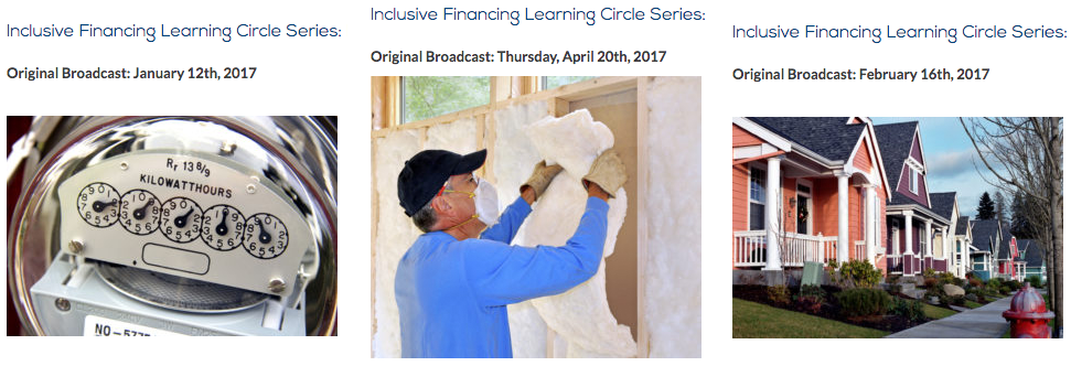 image of electric meter, insulation, and homes for Inclusive Financing webinar series