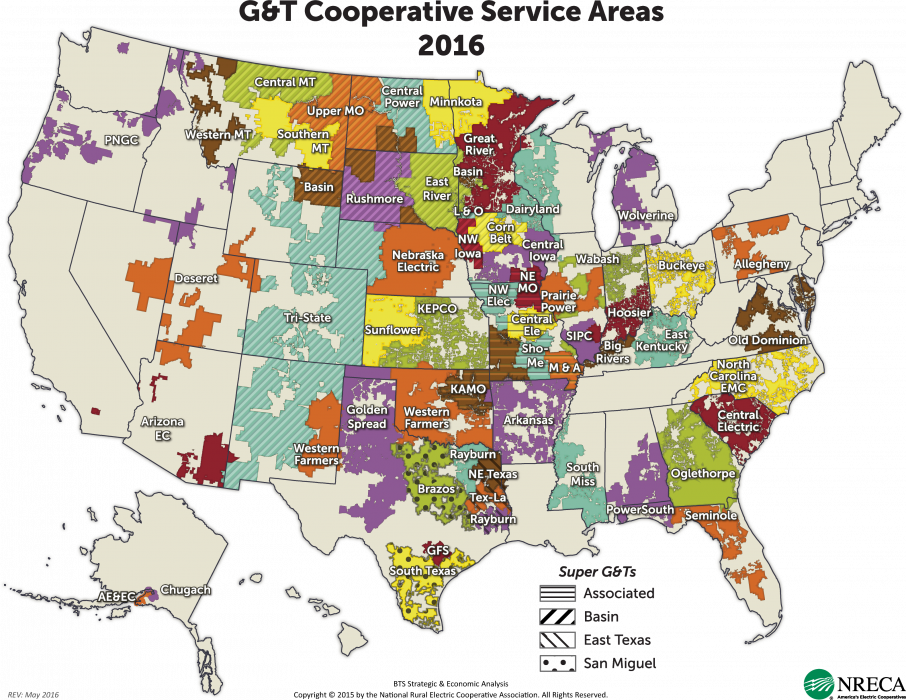 map of 63 generation and transmission co-ops in the US